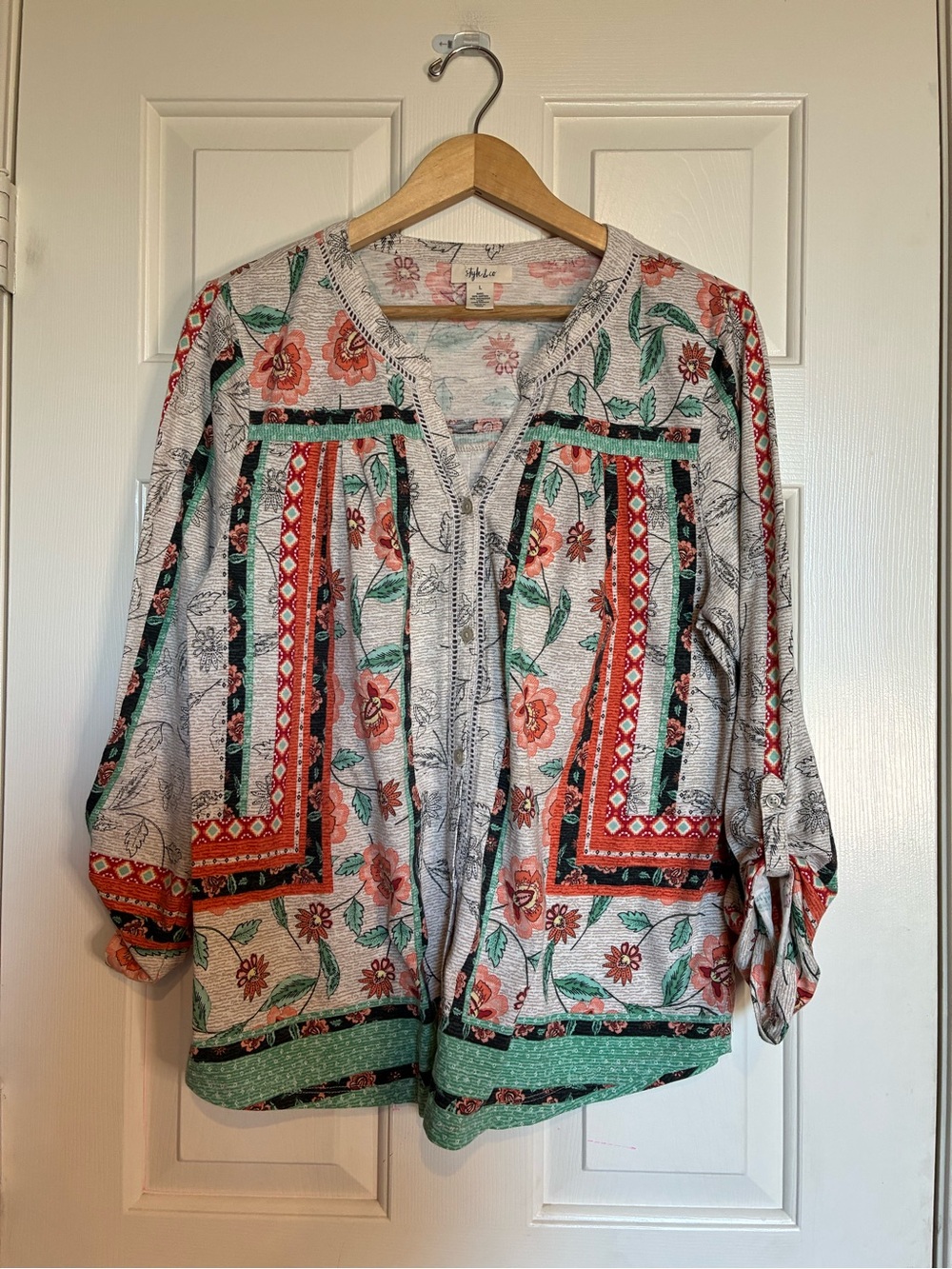 Style & Co. Floral Patchwork Button-Front Tunic in Coral, Green & Cream